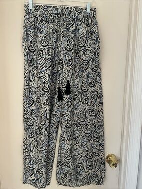 Catherine Malandrino Cream, Black & Blue Paisley Wide-Leg Pants